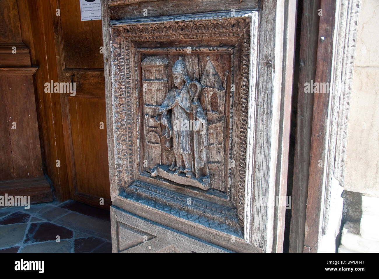 Wooden door of the Duomo, Todi, Umbria, Italy Stock Photo