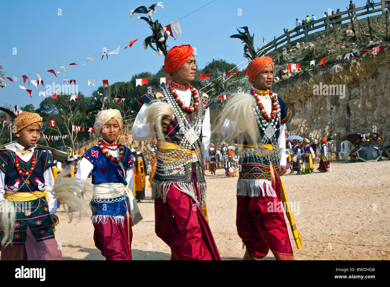Khasi Men Dancing in Traditional Festival Dress, Cherrapunji Village, Meghalaya State, North-East India Stock Photo