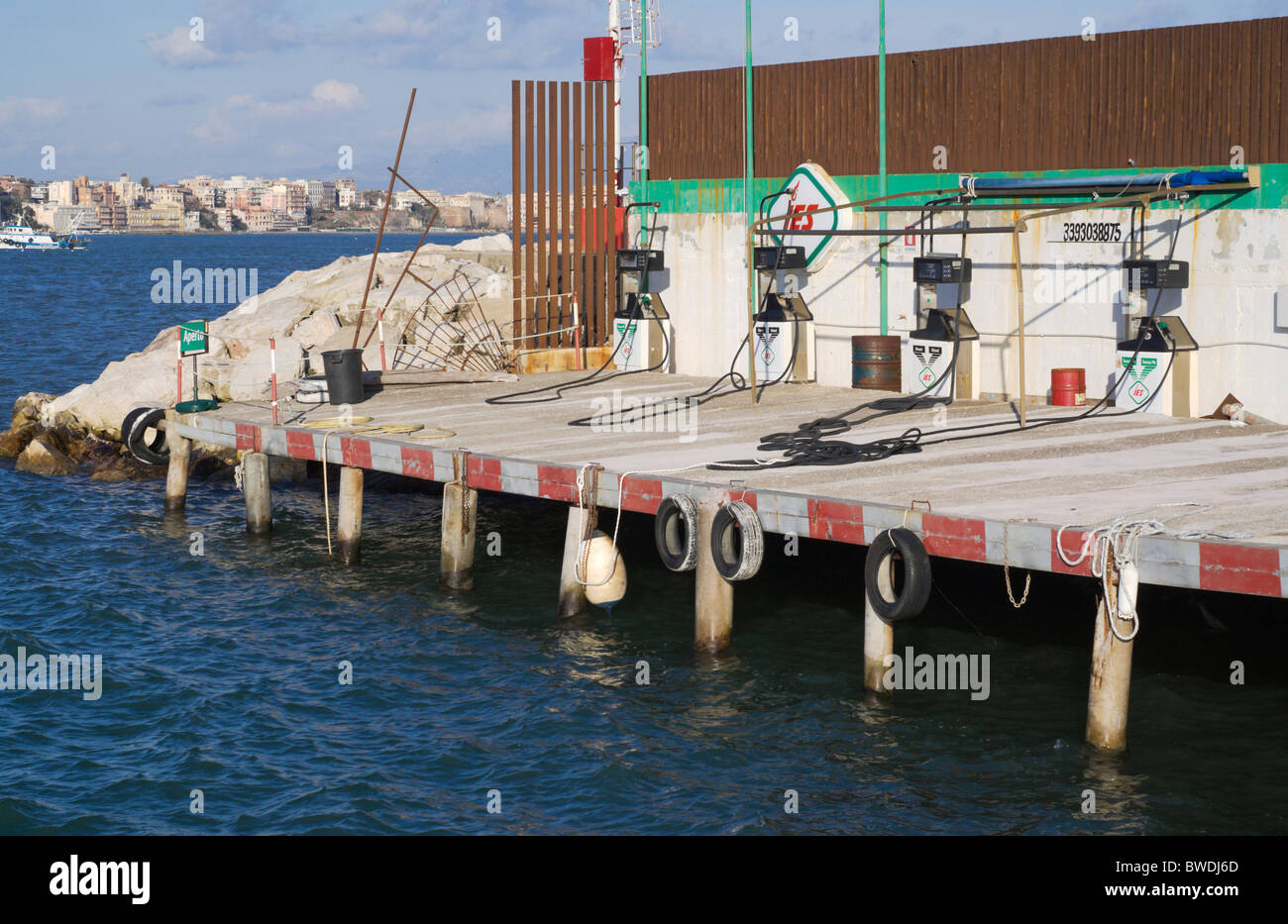 boat petrol (oil, gas) station at Anzio harbor, Lazio, Italy Stock Photo