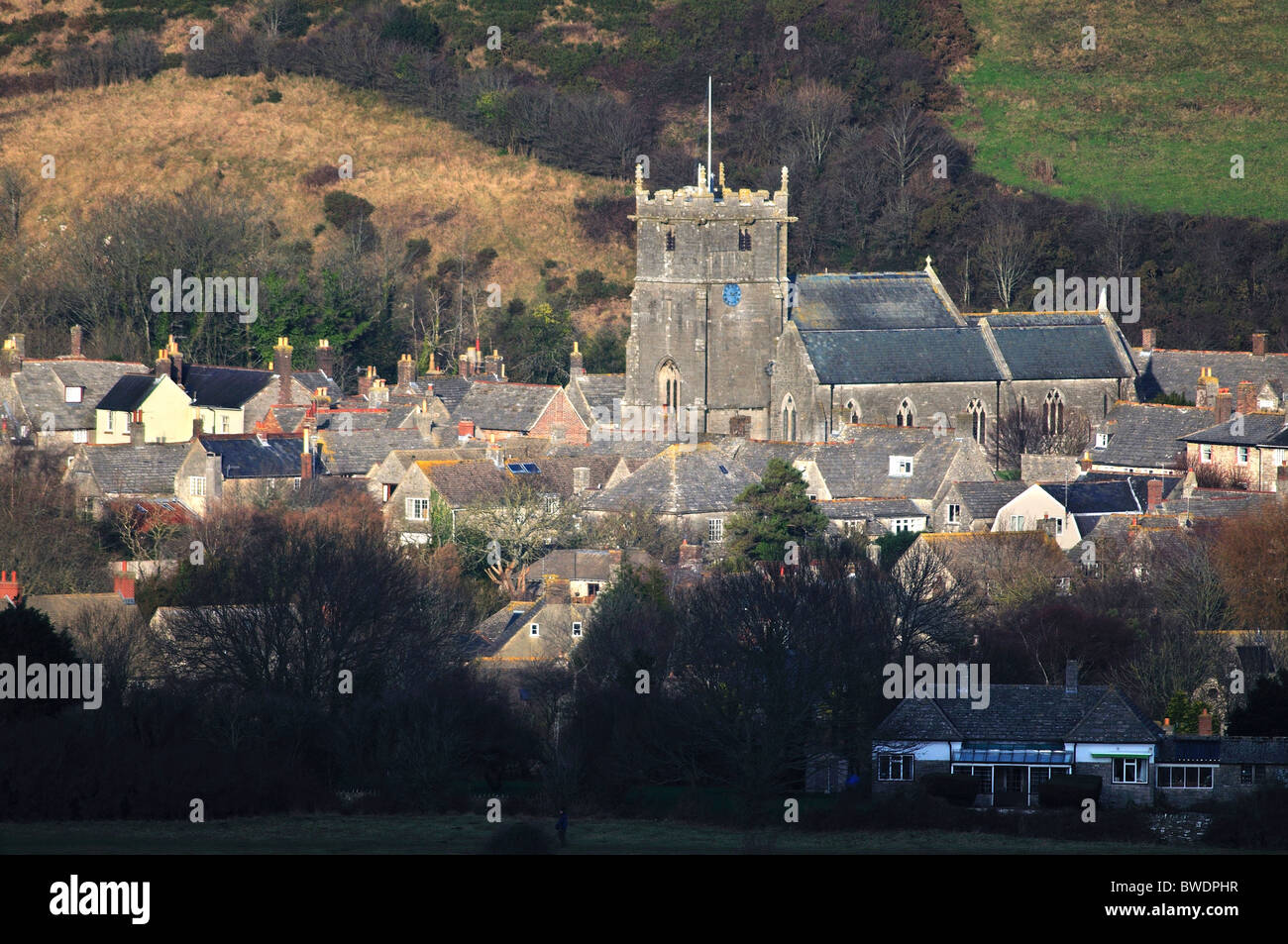 The historic village of Corfe Castle in the Purbeck Hills Dorset, UK January 2010 Stock Photo