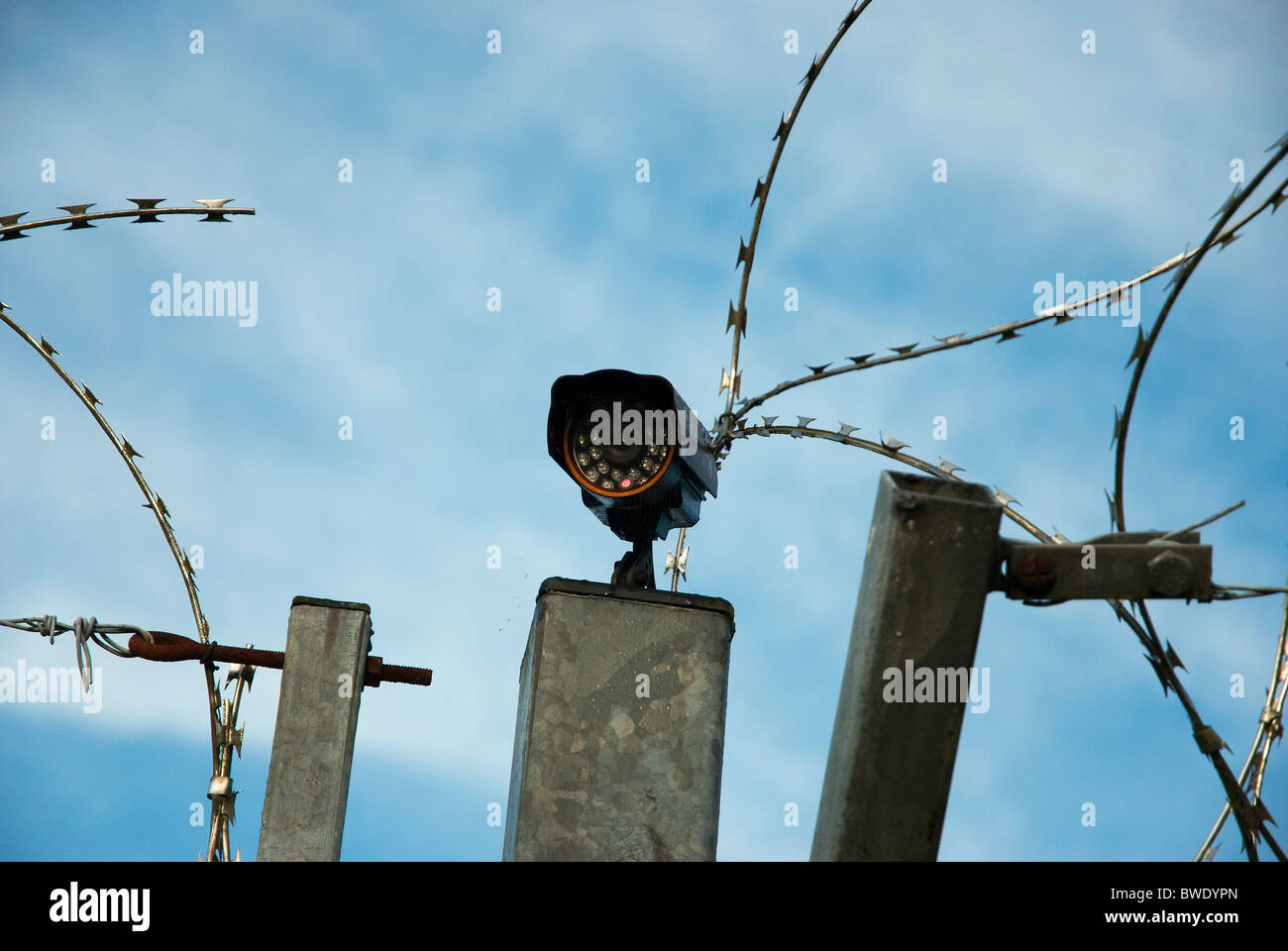 Led surveillance camera and razor barbed wire Stock Photo - Alamy