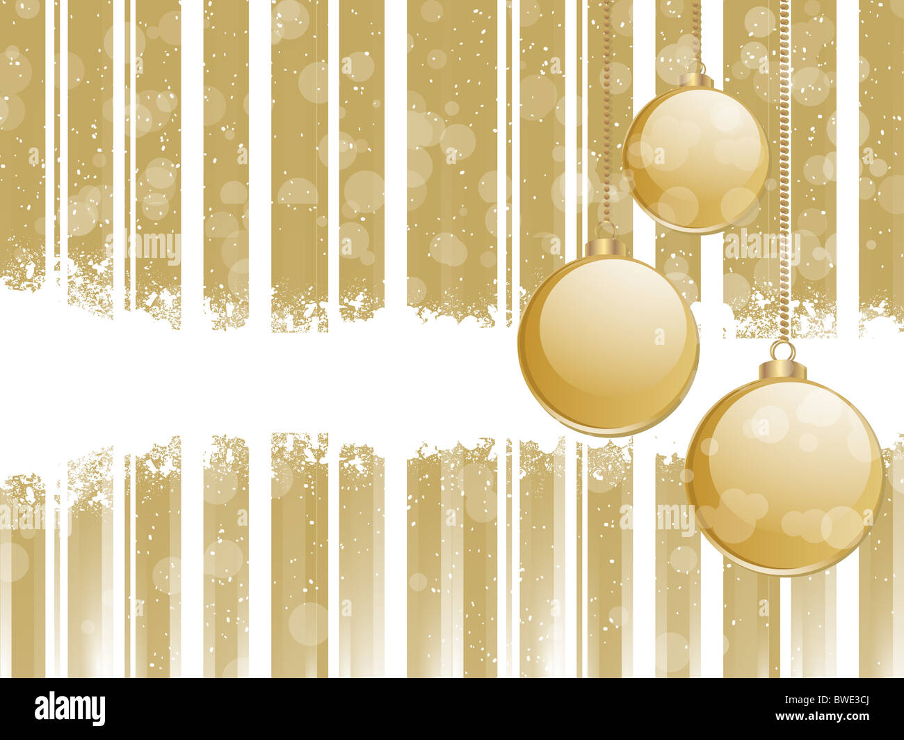 Glossy gold Christmas baubles on a striped background with grunge ...