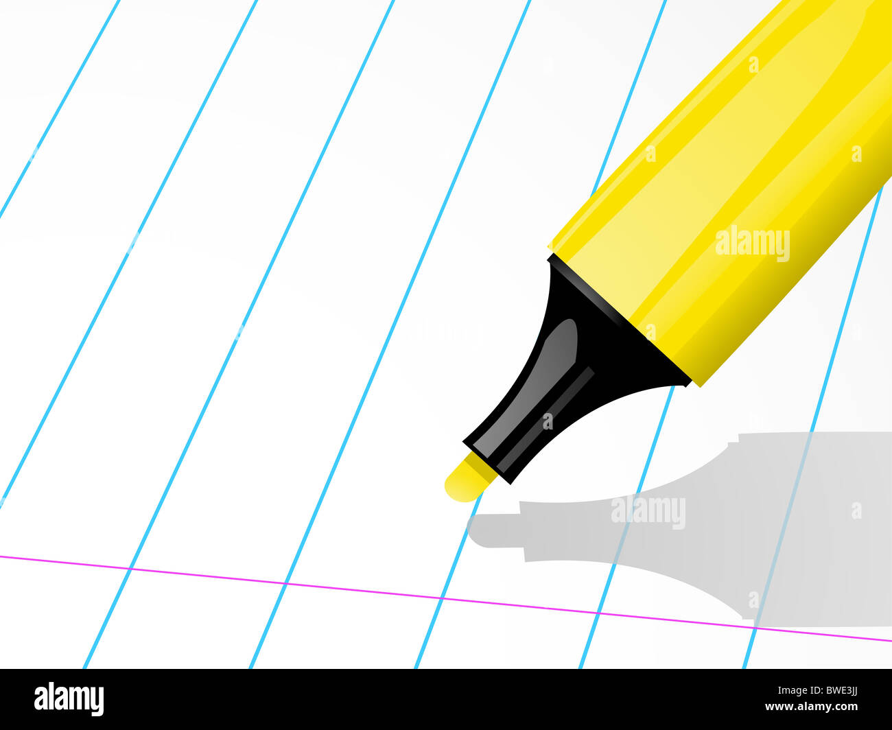 Yellow highlighter pen poised to write on a ruled sheet of paper Stock