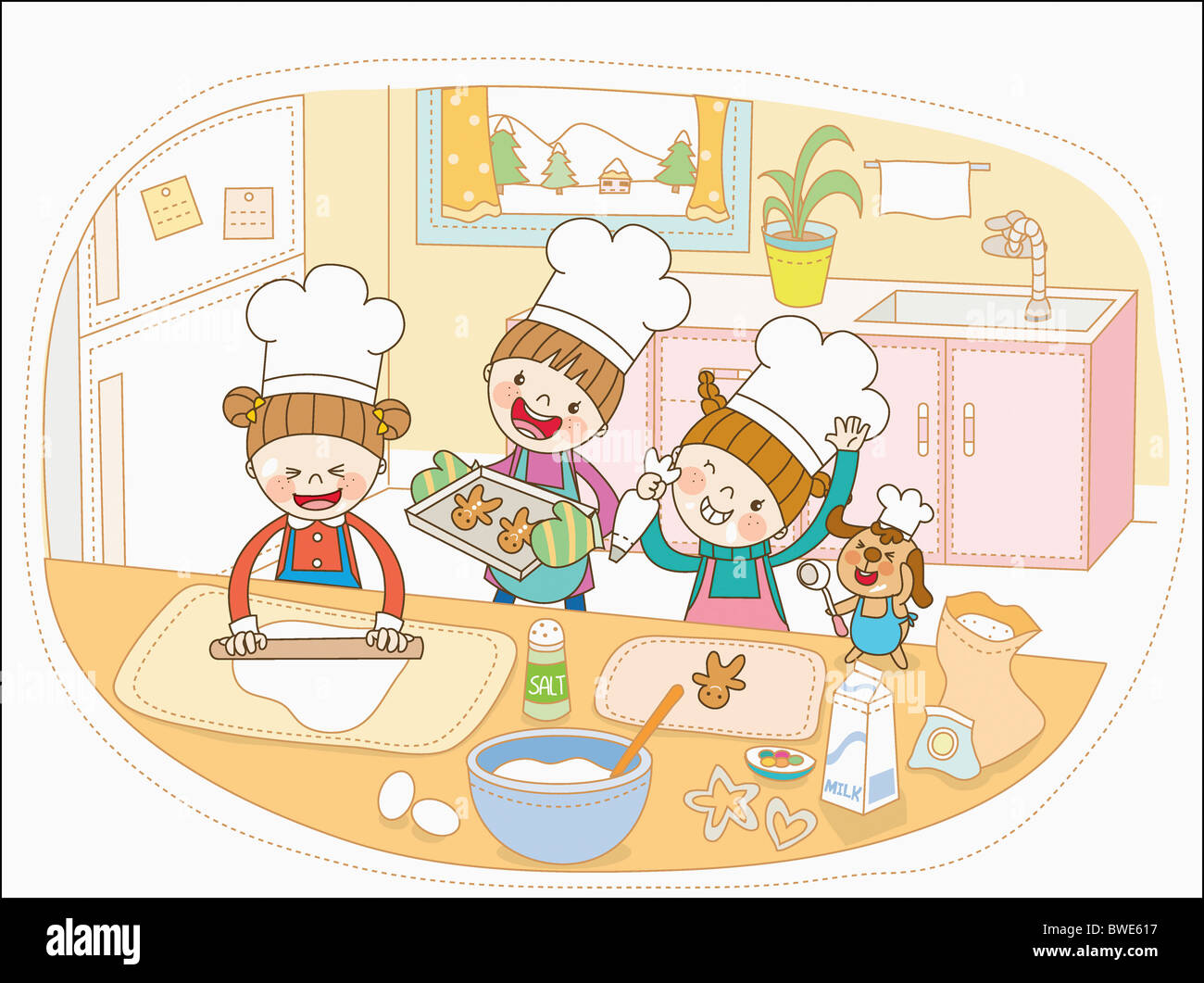 illustration of kids cooking in kitchen Stock Photo