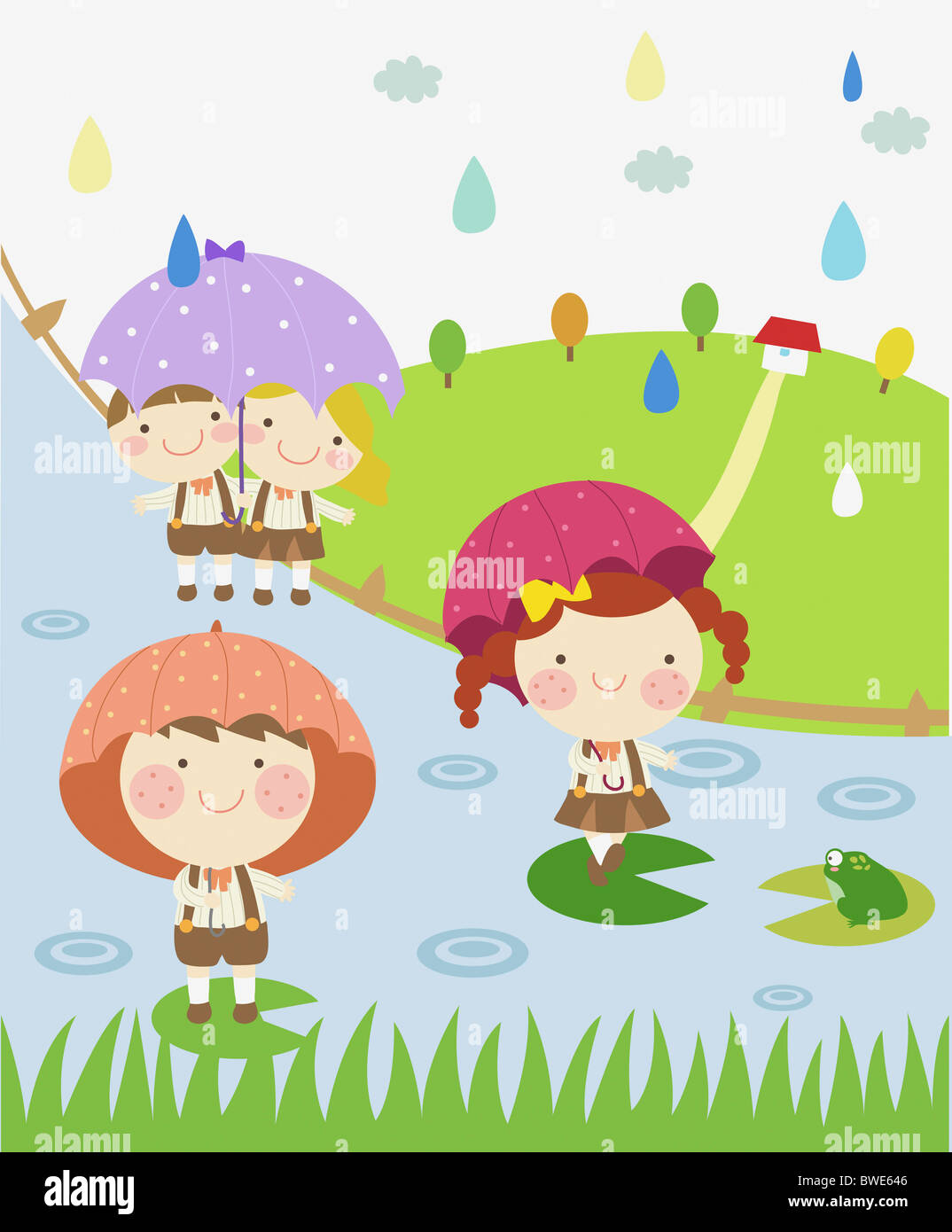 illustration of kids in rainy day Stock Photo - Alamy