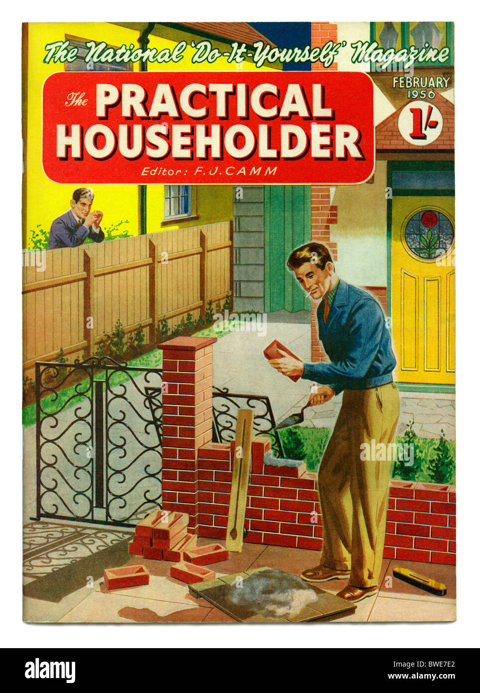 Cover of Practical Householder magazine, February 1956, featuring the building of a front garden brick wall Stock Photo