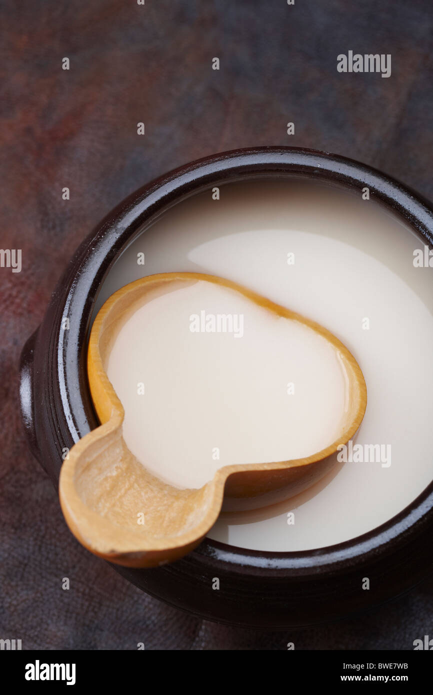 gourd cup and Korean traditional alcohol made from grain Stock Photo