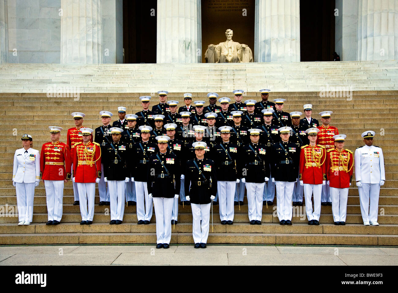 The Officer Corps of the Washington Billet on the steps of the Lincoln Memorial, Washington, DC. Stock Photo