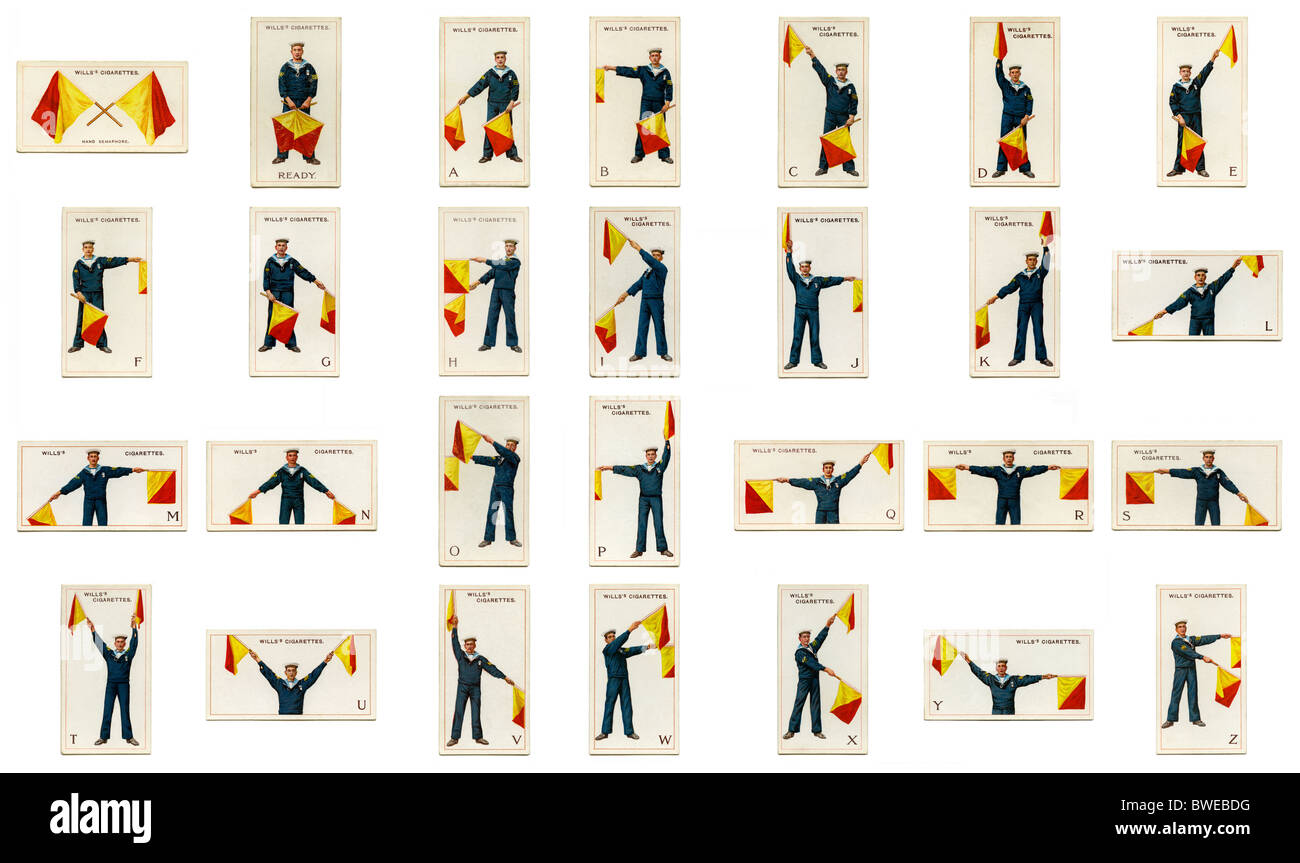 An A to Z alphabet in the form of semaphore flag signals that form part of an old set of cigarette cards from WD and HO Wills Stock Photo