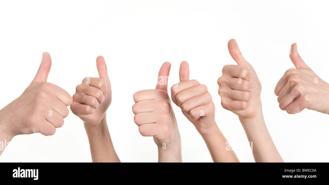 Line of group of human hands with their thumbs up Stock Photo