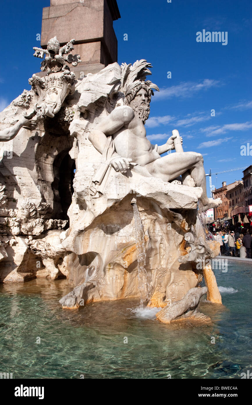 Piazza Navona square Fountain quattro Fiumi ancient Bernini Four Rivers Rome Italy Italian European Stock Photo