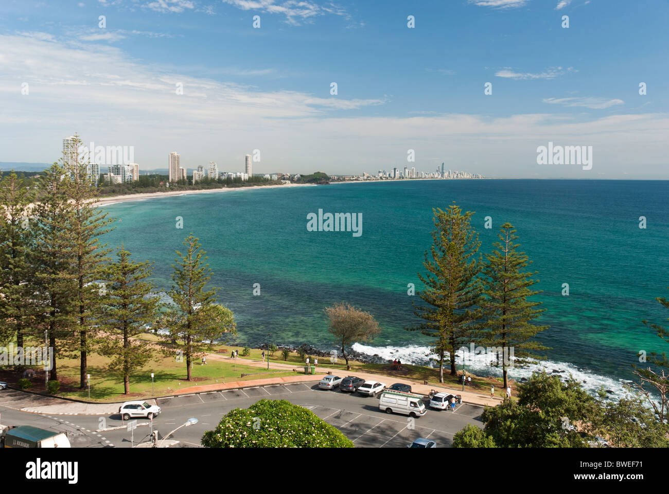 The view of Burleigh Heads looking across to Surfers Paradise in south east Queensland, Australia. Stock Photo