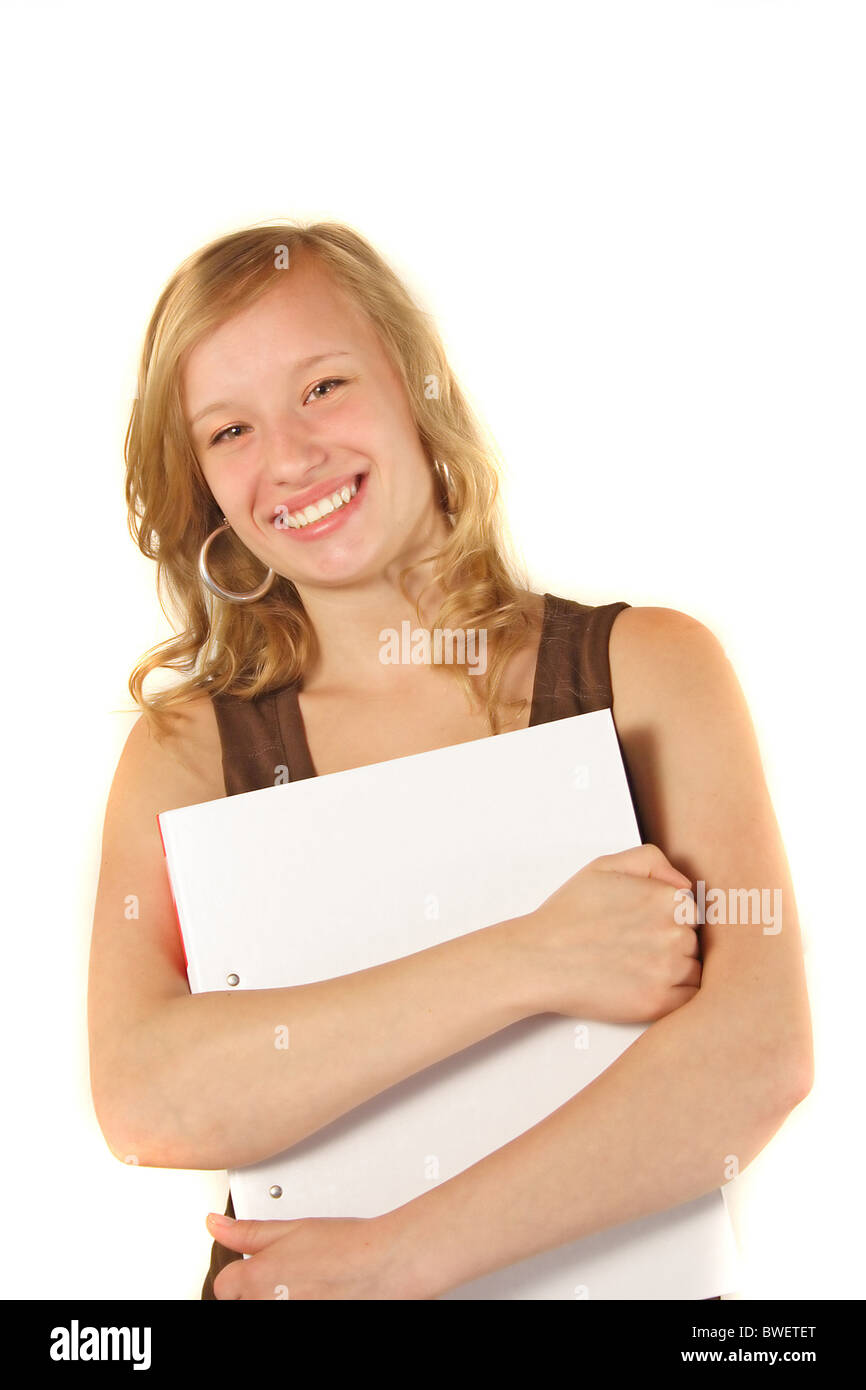 A young handsome woman carrying some documents. All isolated on white background. Stock Photo