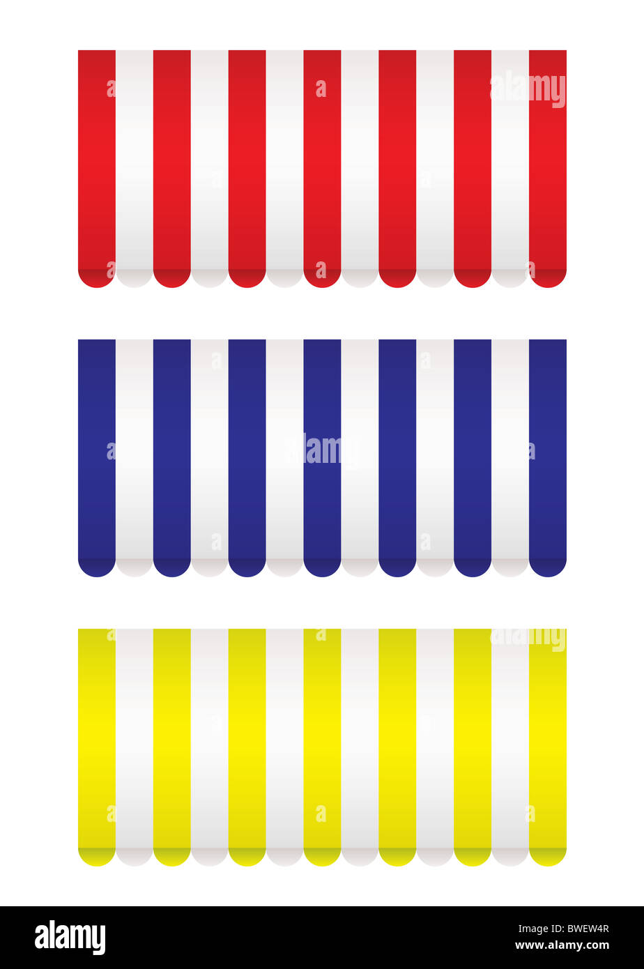 Brightly coloured shop front awnings in red blue and yellow Stock Photo