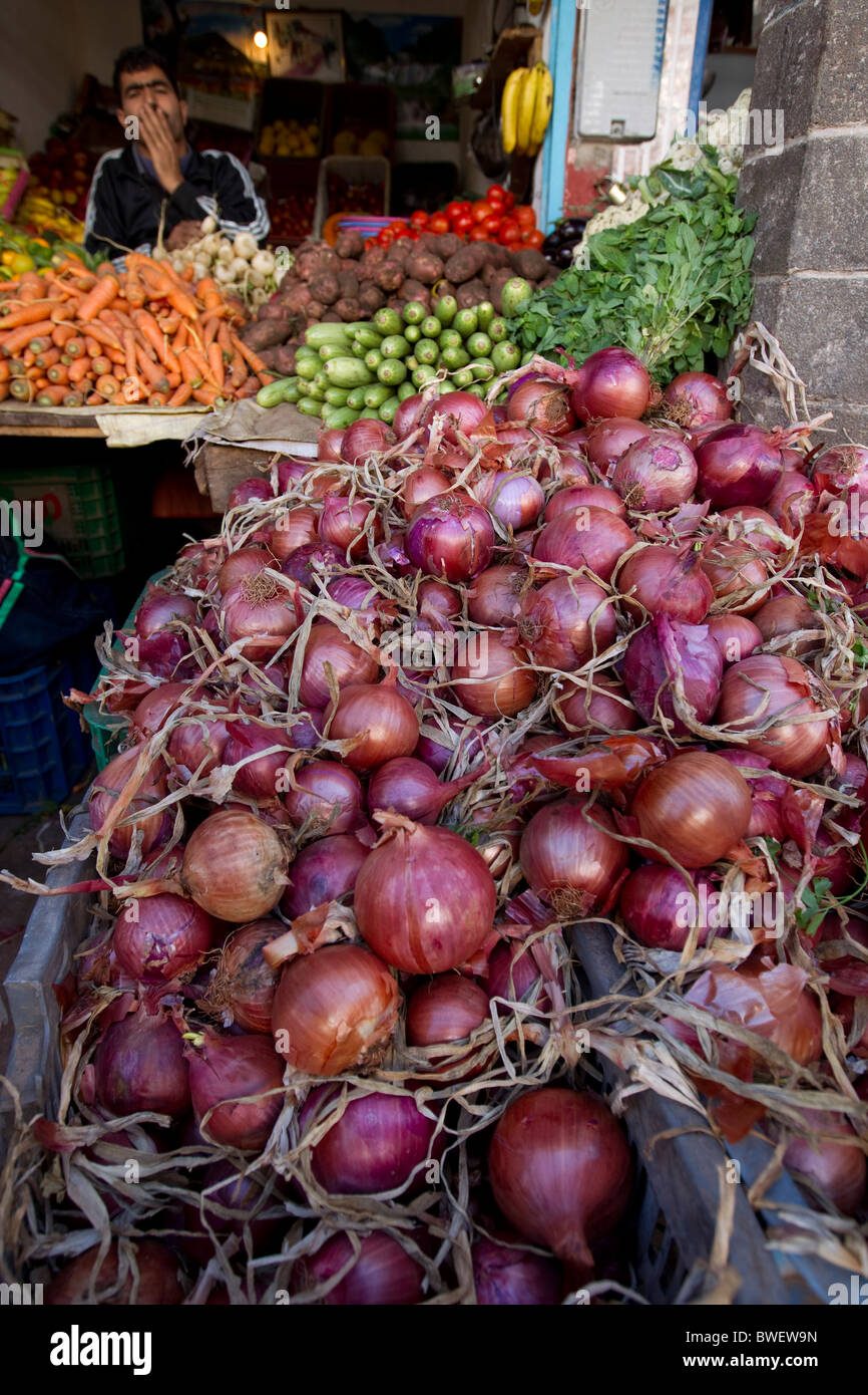 onions on display,market stall, Essaouira,Morocco Stock Photo