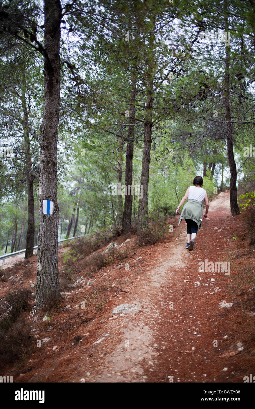 Woman hiking on marked trail in Jerusalem Forest Stock Photo