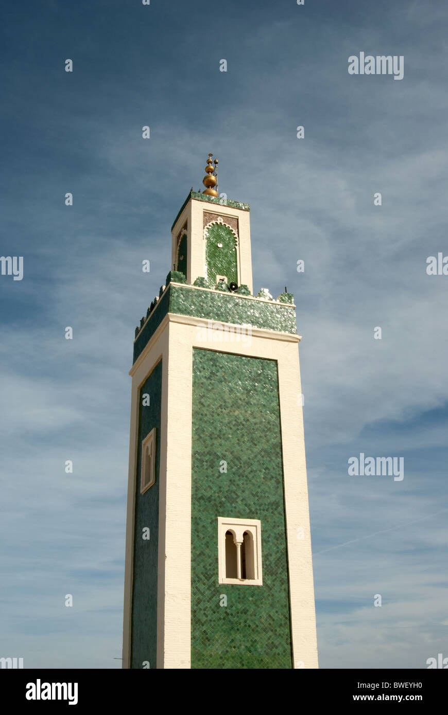 Minaret of the Grand Mosque in Meknes, Morocco. Stock Photo