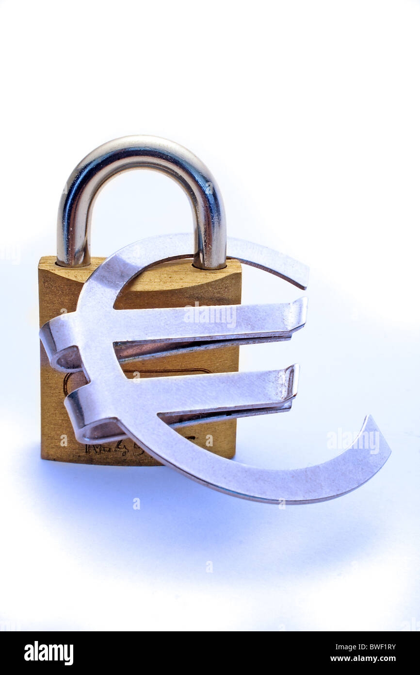 A massive lock holding a Euro symbol to symbolize safe investment of money. Stock Photo
