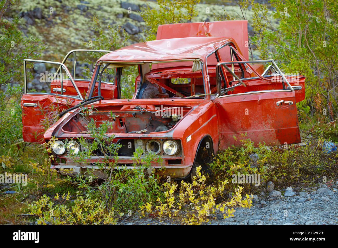 Broken in the accident and halfrotten old car Stock Photo Alamy