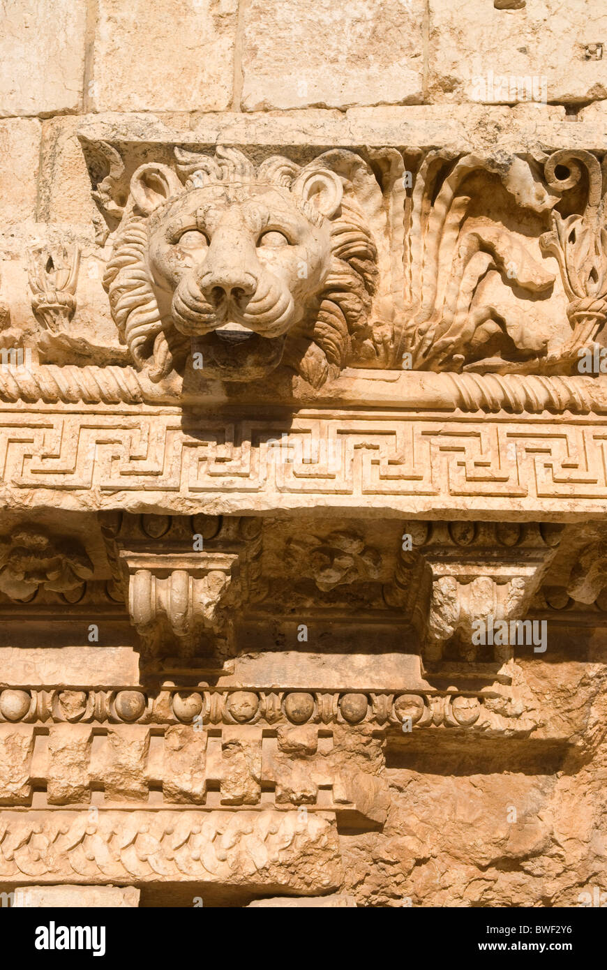 Lion's head & Cornice, Baalbek, Bekaa Valley, LEBANON. Stock Photo