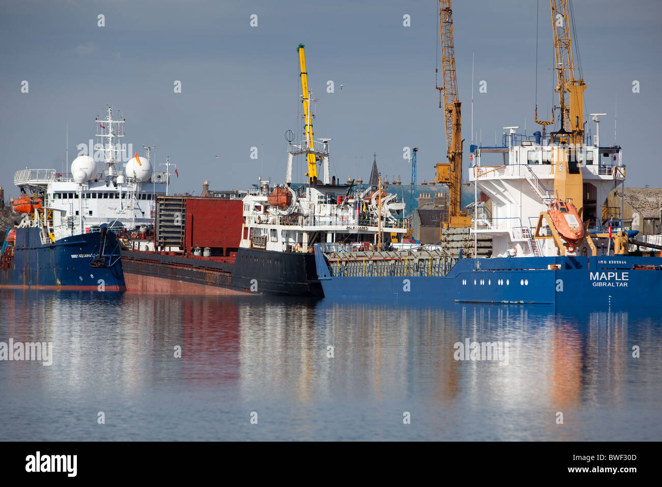 General cargo and oil support vessel alongside Montrose Harbour Stock Photo