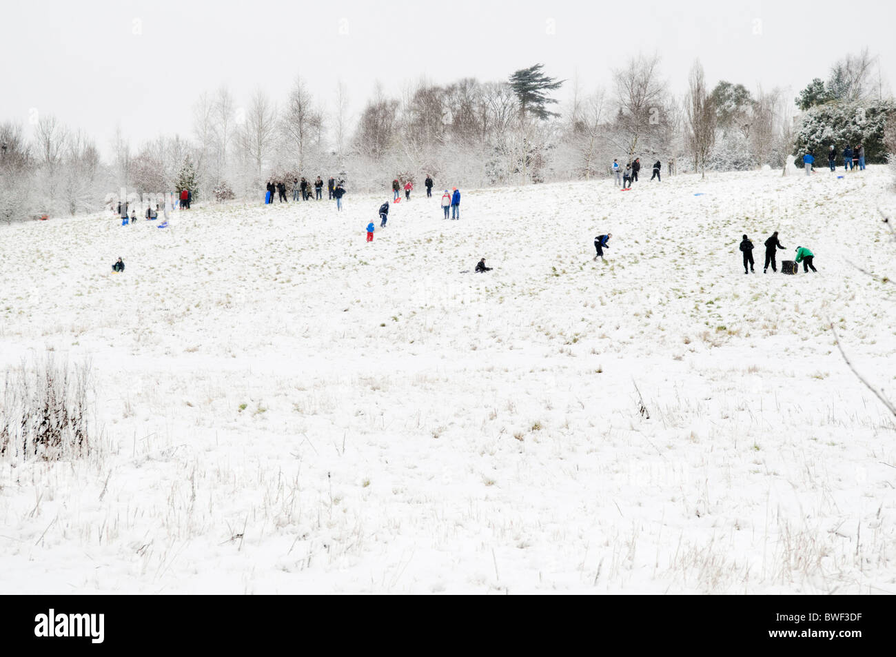 snow scene with people enjoying and playing in the snow on hill near Kingswood in Bristol, uk Stock Photo