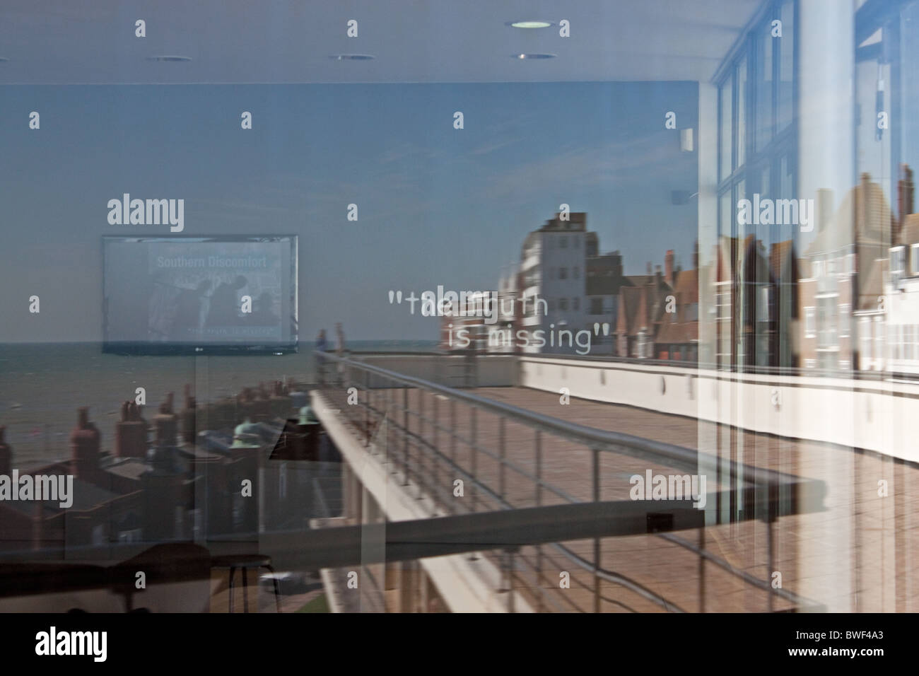 Window reflections at the De la Warr Pavilion on the seafront in Bexhill Sussex Stock Photo