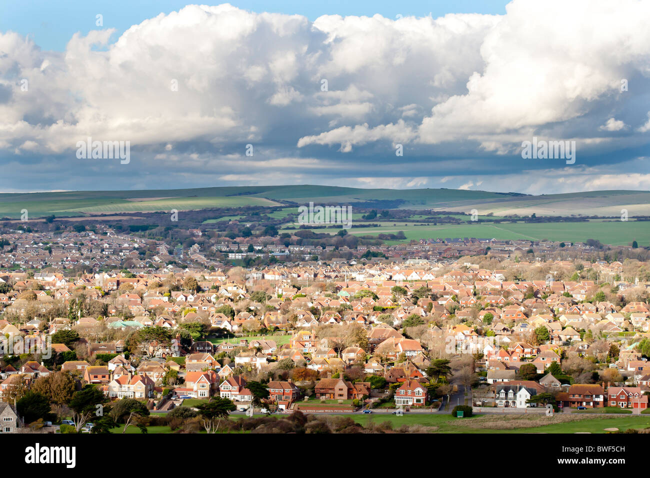 View of Seaford in East Sussex with South Downs backdrop Stock Photo