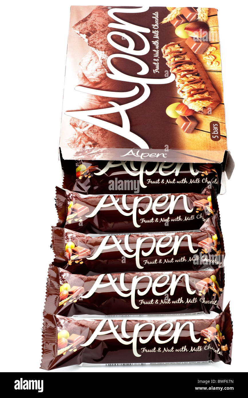 Box of 5 Alpen fruit and nut chocolate bars Stock Photo
