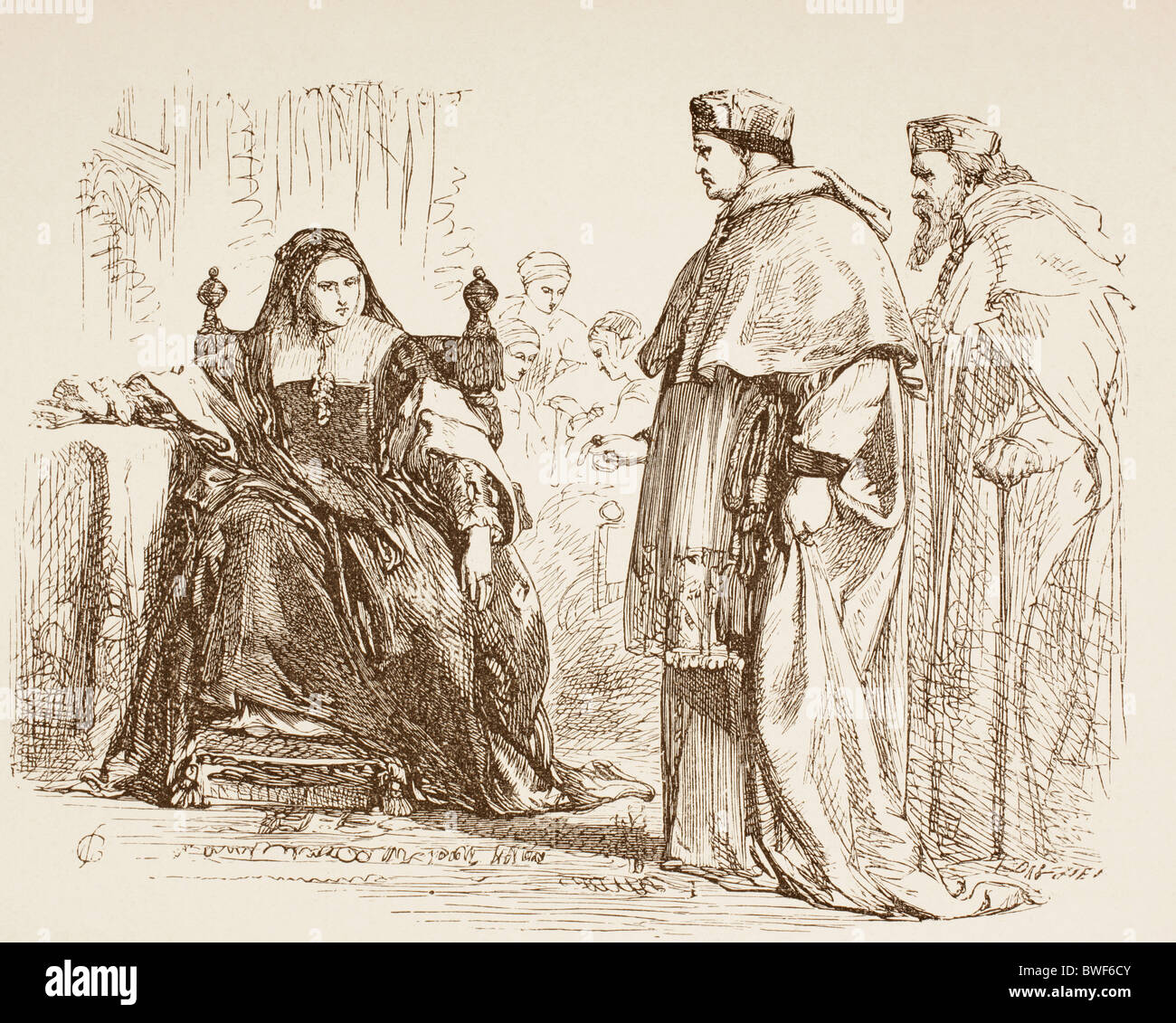 King Henry VIII by William Shakespeare. Cardinal Wolsey and Queen Katharine. Stock Photo