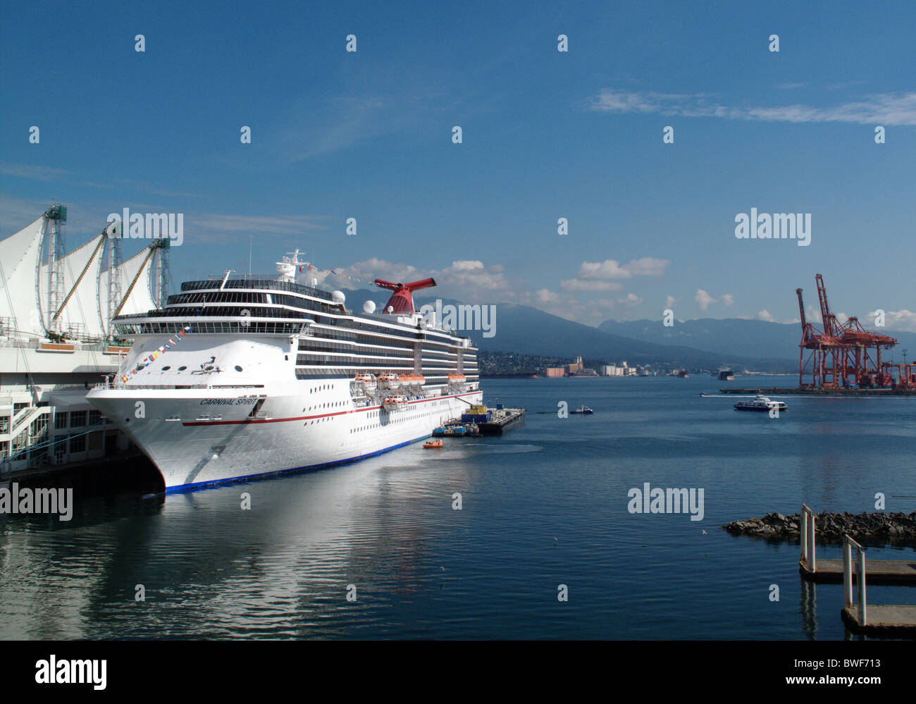 A cruise ship docked at the Canada Place cruise ship terminal in Vancouver in British Columbia