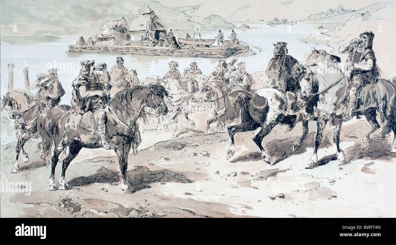 A primitive raft with stern oars. Men on horses blowing conches Stock ...