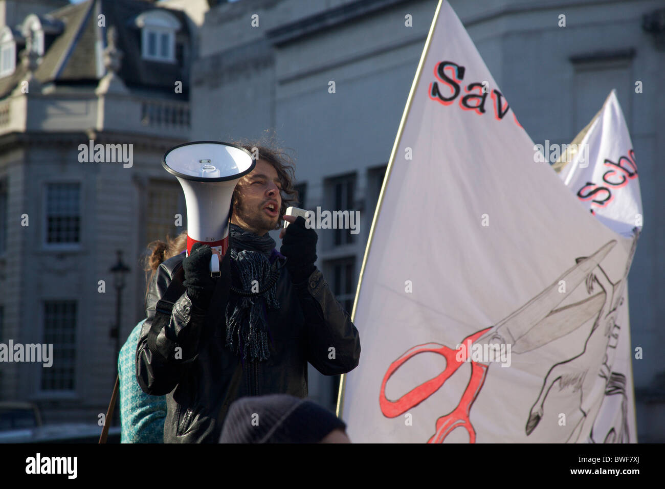 A student demonstrating against the proposed budget cuts to education. Stock Photo