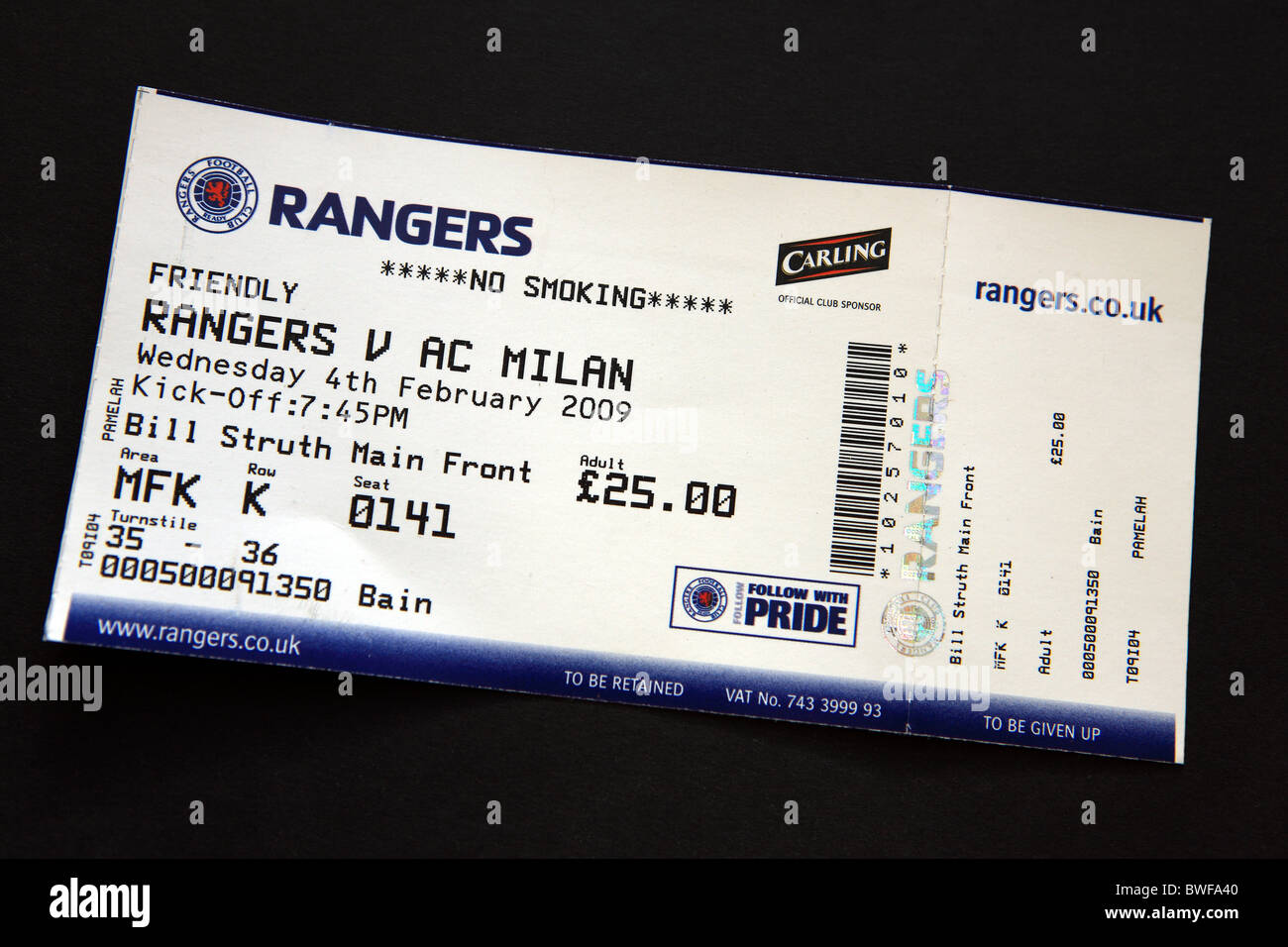 Ticket for Rangers v AC Milan football game on 4th February 2009 Stock  Photo - Alamy