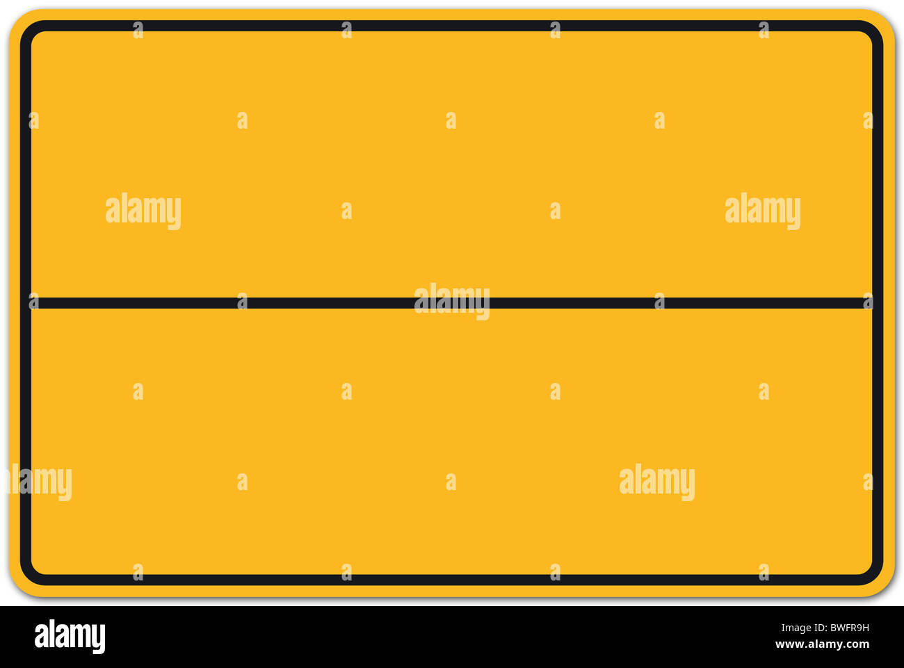 German city sign; yellow, black, no text; original color and size; deutsches Ortsschild; gelb, schwarz, Stock Photo