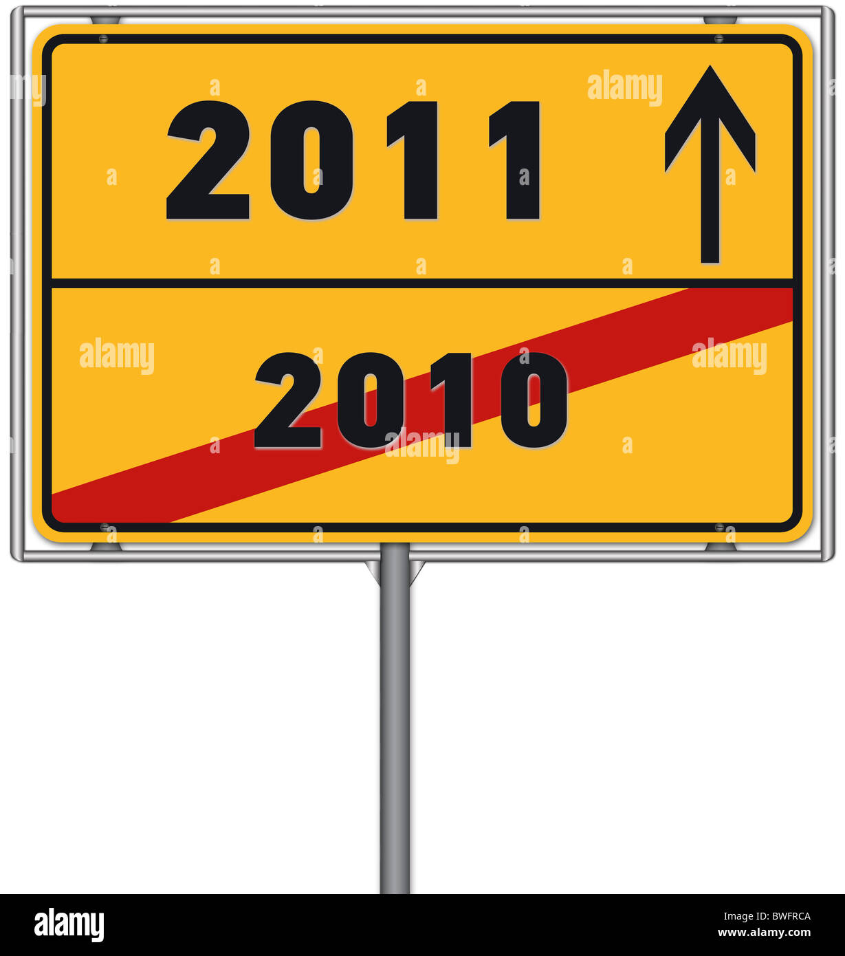 German city limit sign as symbol for the ending of 2010 and the year 2011 being ahead; New Year's Eve, silvester, Stock Photo