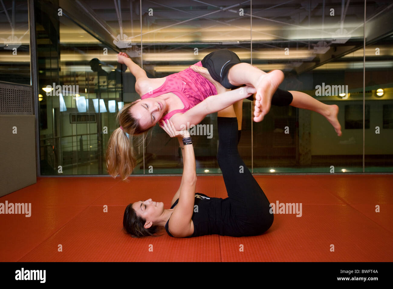 Acro Yoga class which blends elements of Yoga, Acrobatics, and Thai Massage. Photo:Jeff Gilbert Stock Photo
