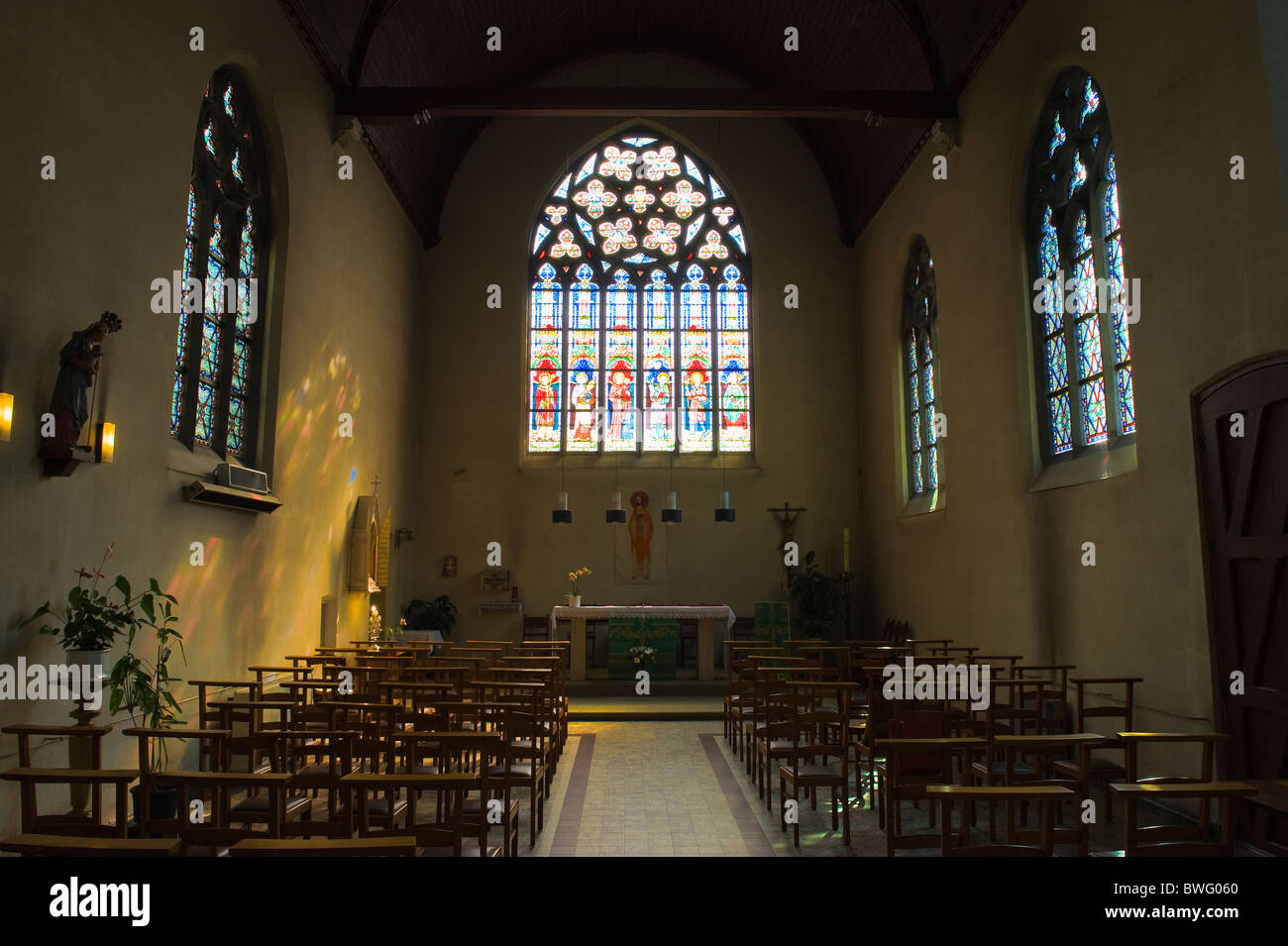 Sint Amandsberg Beguinage, Anthony de Padua Chapel, Stained Glass Window, Gent, Belgium Stock Photo