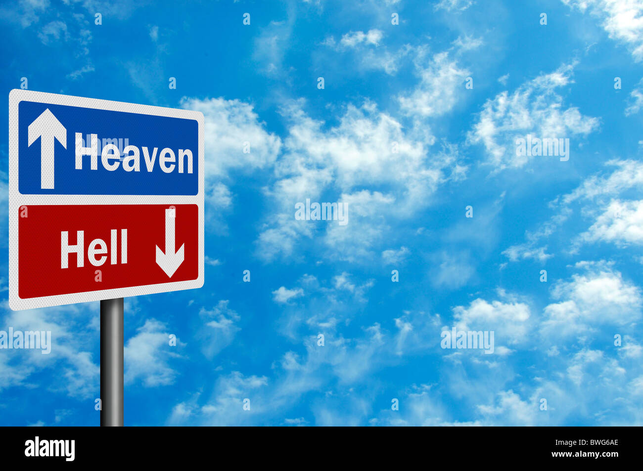 Photo realistic metallic reflective 'heaven / hell' road sign, with space for your text Stock Photo