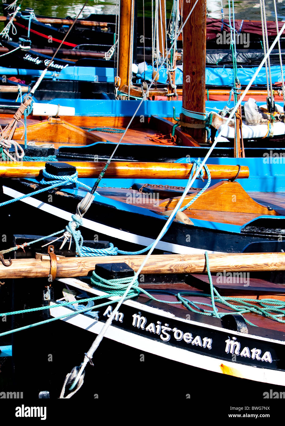 Galway Hookers tied up together at Roundstone County Galway on 11July 2010 prior to taking part in the annual regatta. Stock Photo
