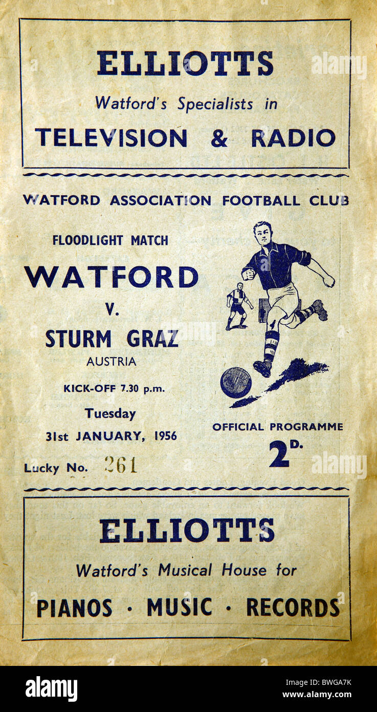 Football Programme for a football match between Watford and Strum Graz from Austria on Tuesday 31st January 1956 Stock Photo