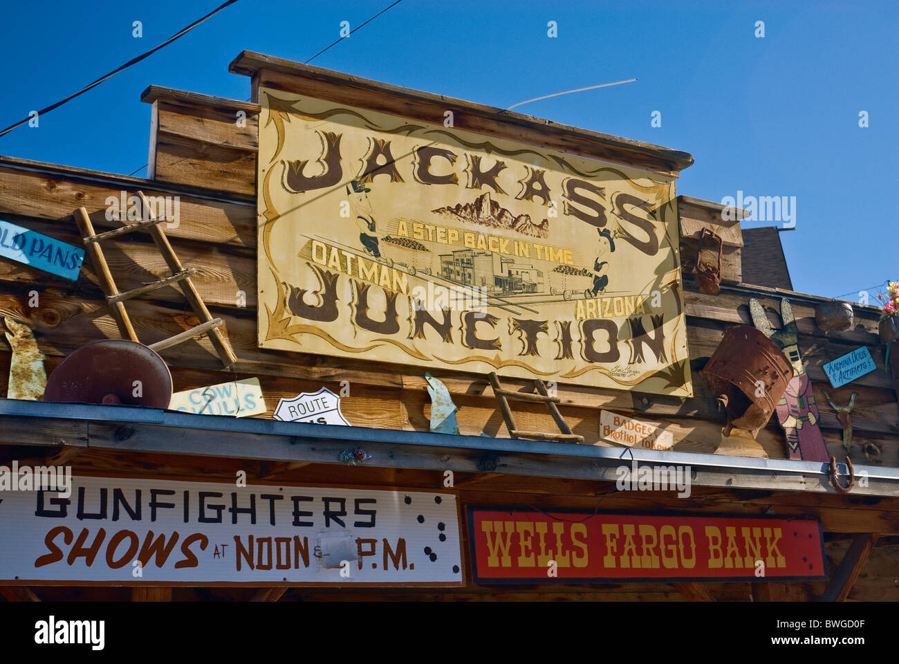 Curio shop sign at street in Oatman, Route 66 in Black Mountains, Arizona, USA Stock Photo