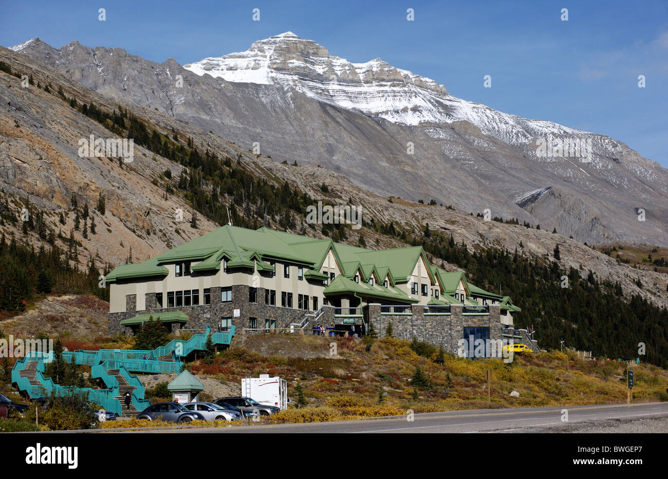 The Icefield Centre in the Columbia Icefields of Jasper National Park in the Canadian Rocky Mountains Stock Photo