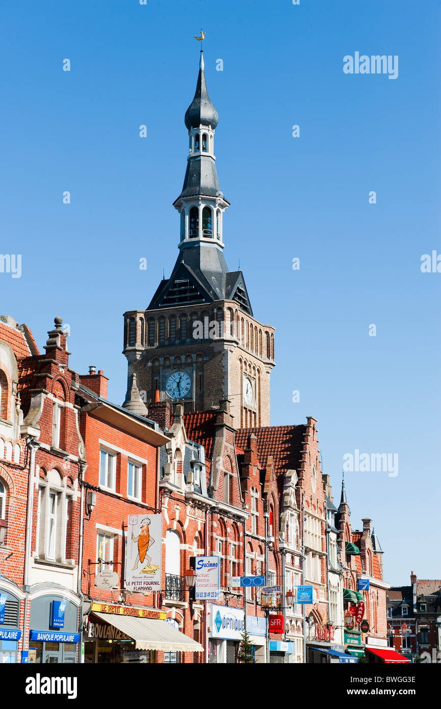 City Hall and belfry of Bailleul, France Stock Photo