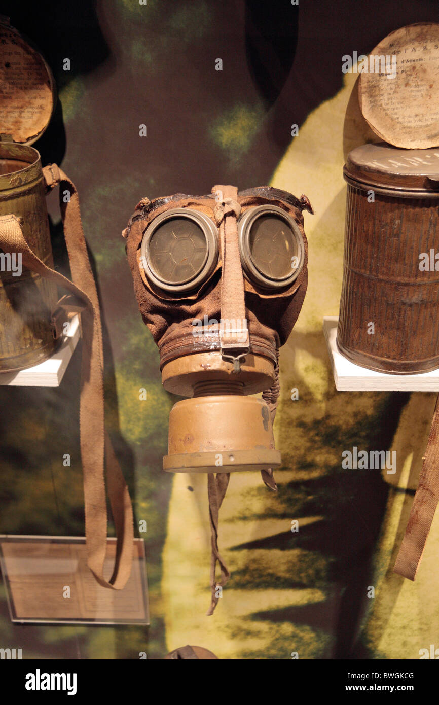 Close up of a World War One gas mask at the Memorial Museum Passchendaele 1917, Zonnebeke, Belgium. Stock Photo