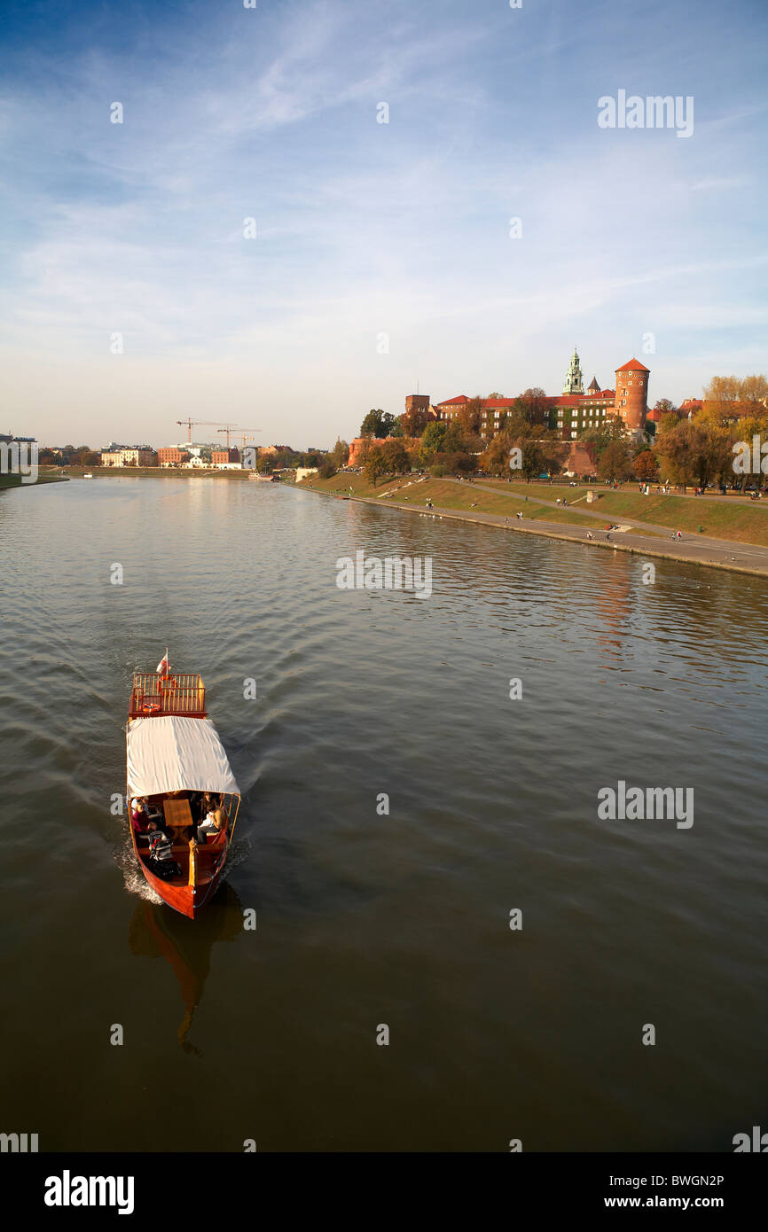 Poland Krakow River Wisla Vistula Wawel Hill Cathedral and Castle Tourist Boat Stock Photo
