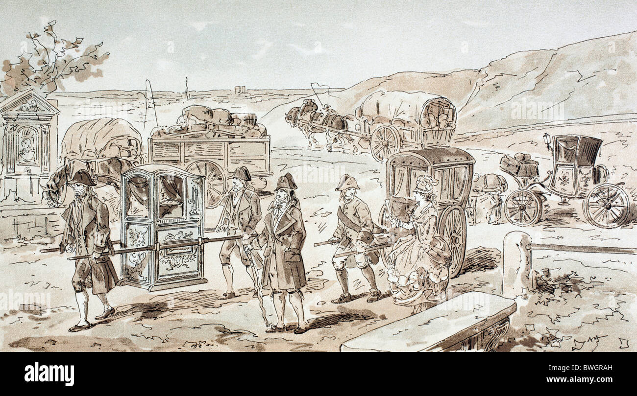 Examples of 18th century transport. Porters carrying a sedan chair, porter pulling two wheeled carriage, coach and goods wagon. Stock Photo