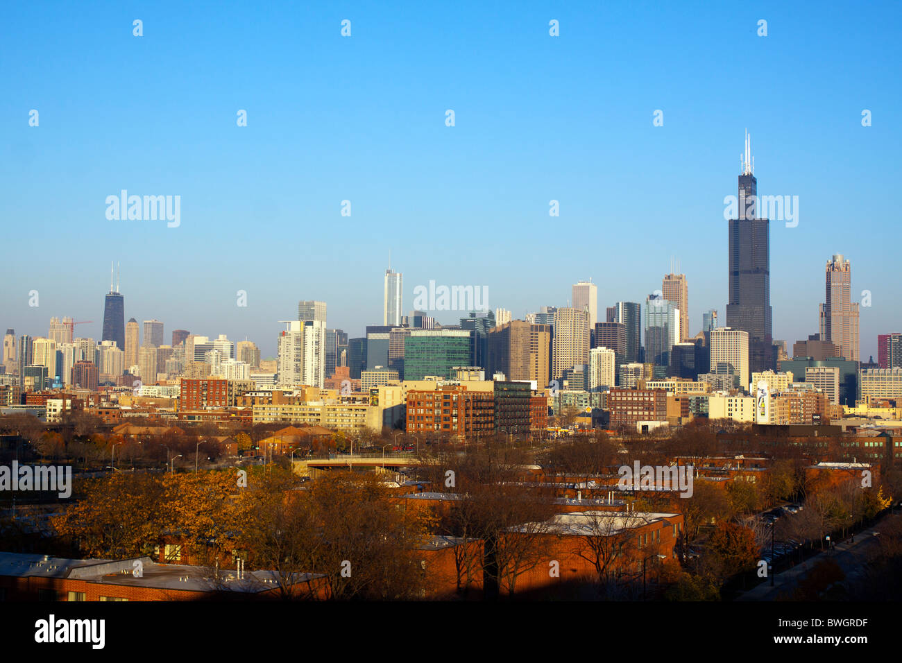 The Sears/Willis Tower dominates the Chicago skyline in this seasonal fall view from the west side of the city. Stock Photo