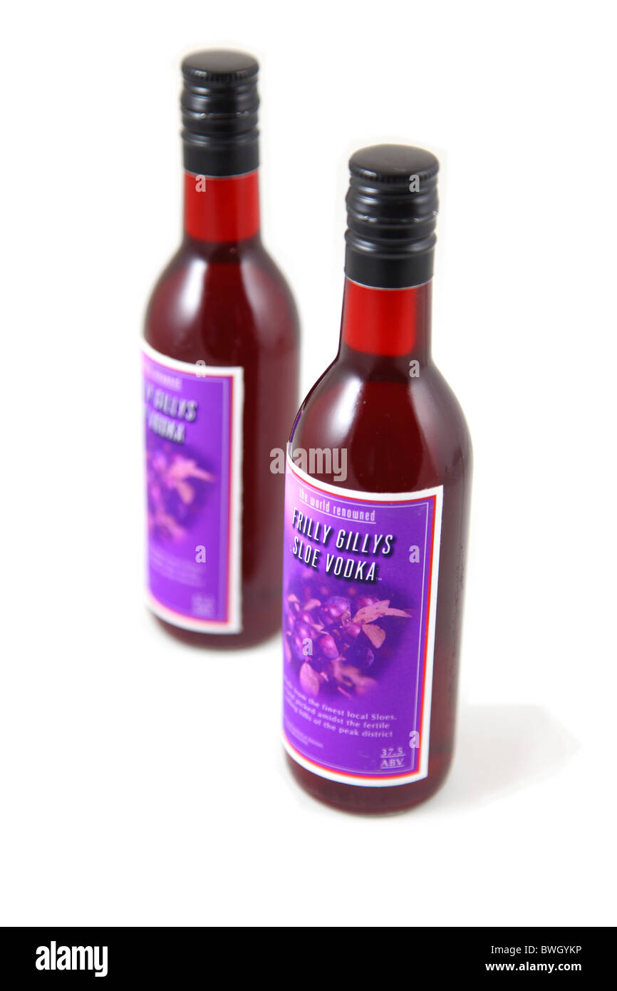 Two quarter bottles of Sloe Vodka from a non existent manufacturer Stock Photo