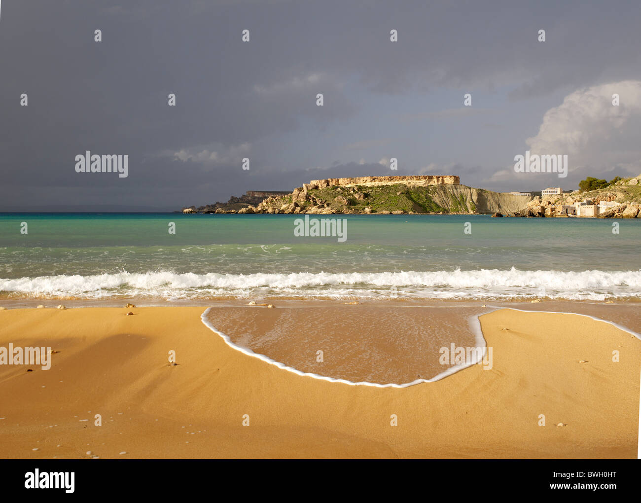 Beach, Golden Bay, Malta island country, Southern Europe Stock Photo